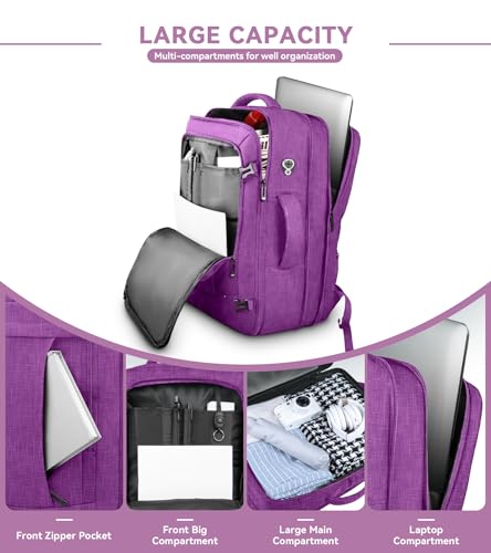 AREYTECO 60L Carry On Backpack, Extra Large Laptop Backpack, Big Capacity Travel Backpack for Women, Expandable Water Resistant Bag Anti-Theft Business Daypack Fit 18 Inch Laptop,Purple - color: Purple, size: 18.4 Inch (22''x14''x11'')