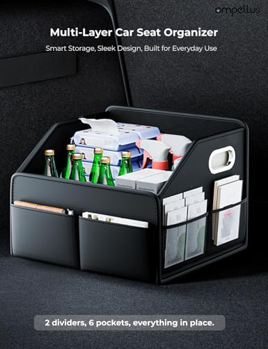 Car Seat Organizer, Collapsible Car Storage Organizer for Back Seat, Trunk Organzier with Metal Handles & Seat-belt Fixing Strap, Black