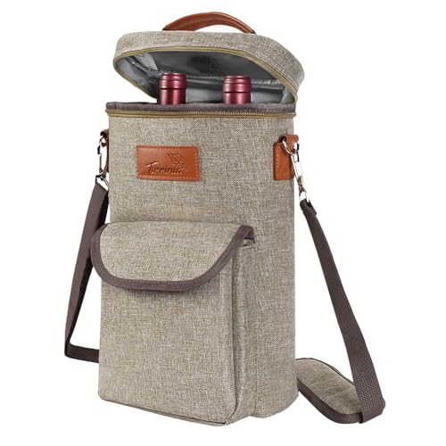 Tirrinia 2 Bottle Wine Gift Tote Carrier - Leakproof & Insulated with large pockets Wine Cooler Bag for Travel, Wine Tasting, Party, Dinner, Great Gift for Wine Lover - color: Grey, size: 2 Bottle-with front pocket