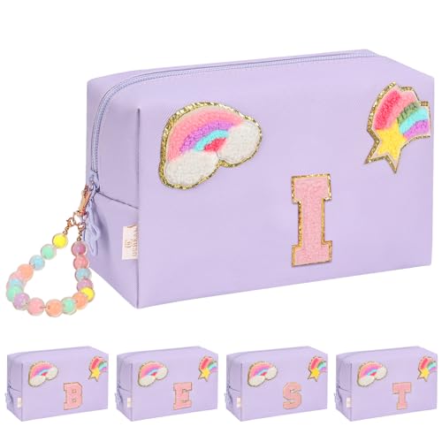 Initial Makeup Bag for Girls, Cute Makeup Bag Small Cosmetic Bag Travel Make Up Organizer Pouch, Birthday Gifts for Girls 4 5 6 7 8 9 10 11 12 13 14 15 Years Old, Teen Girls Gifts Trendy Stuff - color: Purple + Bracelet, style: I