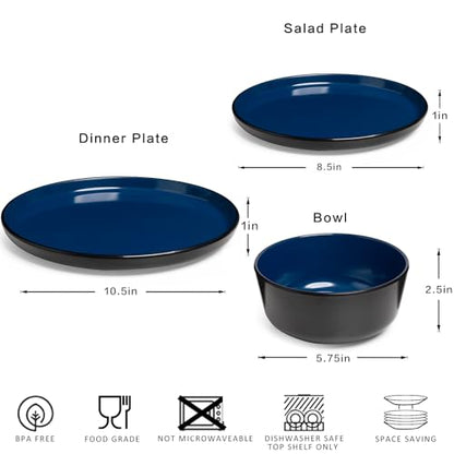 Melamine Dinnerware Sets, 12 Pcs Unbreakable Plates and Bowls Set, Outdoor Dinnerware RV and Camper Dishes Sets for 4, Kitchen Dishes Set for Entertaining, Black and Blue - color: Black and Blue
