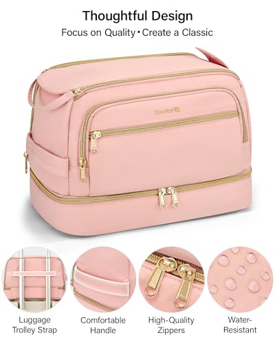 Hanke Travel Toiletry Bag, Lightweight Wide-open Makeup Bag, Dual-Layer Travel Bag for Toiletries Water-Resistant Cosmetic Bags Large Toiletry Bags for Women & Men, Travel Essentials, Pink - color: Pink