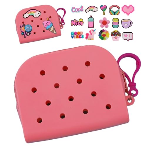 Soft Silicone Mini Coin Purse with Zipper and Cartoon Hole,with 15 pcs DIY Charms. Portable Keychain Pouch Organizer (Pink) - color: Pink