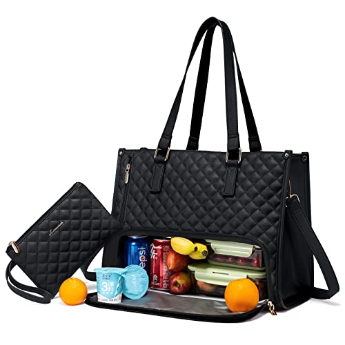 LOVEVOOK Lunch Tote Bag for Women, 17.3 Inch Laptop Bag with Insulated Lunch Compartment, Quilted Large Capacity Computer Handbag with Purse for Business, Work, Nurse, Office, Collage, Casual, Black - color: Black, size: 17.3 Inch