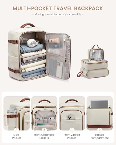 LOVEVOOK 40L Travel Backpack Carry on Flight Approved, Personal Item Bag with 3 Packing Cubes, Travel Backpack for Women Fits 17" Laptop, Water-resistant Carry On Bag for Airplanes - color: White & Brown, size: 40L-4PCS