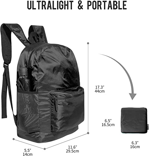 pack all 20L Lightweight Packable Backpack, Water Resistant Foldable Backpack, Travel Hiking Daypack with Waterproof Zippers (Black) - color: Black