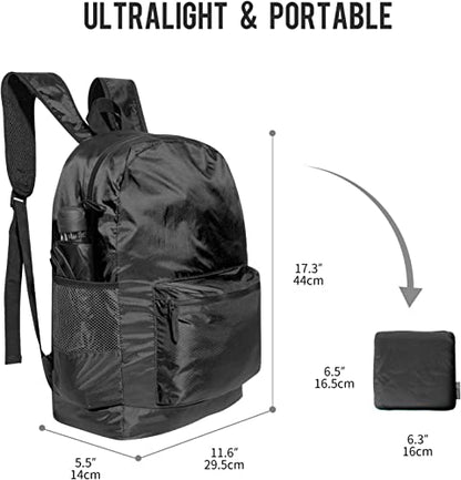 pack all 20L Lightweight Packable Backpack, Water Resistant Foldable Backpack, Travel Hiking Daypack with Waterproof Zippers (Black) - color: Black
