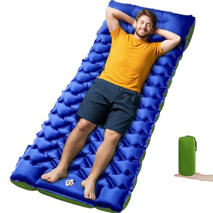 4-Inch Inflatable Camping Sleeping Pad with Built-in Foot Pump & Pillow, Side Sleeper Support, Stays Firm Overnight, Compact for Backpacking, Car Camping & Outdoor Gatherings - color: Royal Blue+green