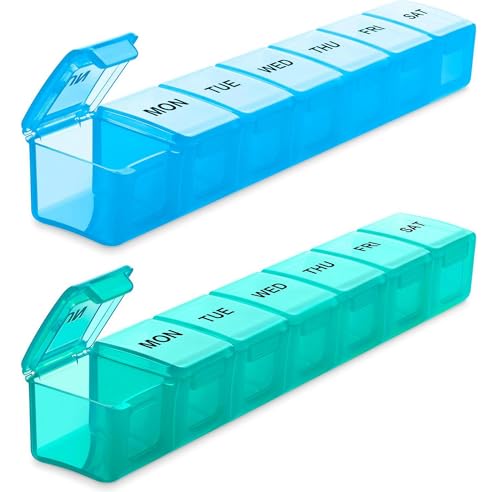 BUG HULL Weekly Pill Organizer Large 2 Packs, Extra Large Travel Pill Organizers, Pill Box 7 Day, Travel Pill Case, Medicine Pill Organizer for Vitamins, Supplements and Medications (Blue+Green) - color: Blue + Green
