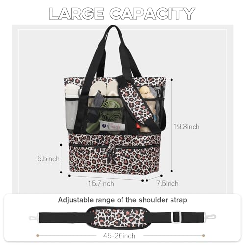 WOOMADA Beach Tote Bag With Cooler, Large Mesh Beach Bags for Women with Wet Pocket, Pool, Swim, Travel Essentials - color: Brown Leopard