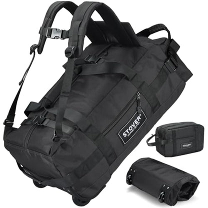 STOVER 45/80/100L Carry-On Rolling Duffel Bag with Wheels, Medium Durable Travel Duffle w/Toiletry Bag, Packable, Foldable with Shoulder Straps- Use as Luggage or Backpack, Men/Women (Black) - color: Black