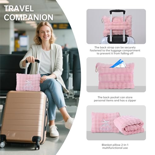 Travel Blanket and Pillow-2-in-1, Ultra-Soft&Compact, Airplane Blanket with Hand Luggage Belt and Backpack Clip,Travelers Accessories Gifts, 61x43 Inches(Pink - color: Pink