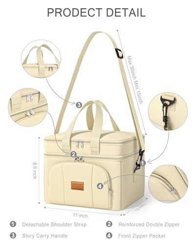 Rnivvi Lunch Box for Women, Double Decker Insulated Cooler Bag Lunch Bag Reusable Leakproof Tote Lunch Container with Strap for Work Family Picnic Camping, 18 Cans 12L, Large Adults, Apricot White - color: Apricot White