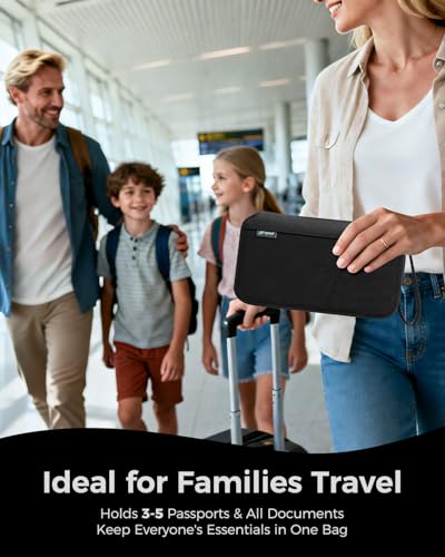pack all Travel Passport Holder with RFID Blocker, Water-Resistant Passport Wallet with Wrist Strap, Multiple Family Airplane Document Organizer for Cards, Boarding Pass, ID, Cash, Tickets