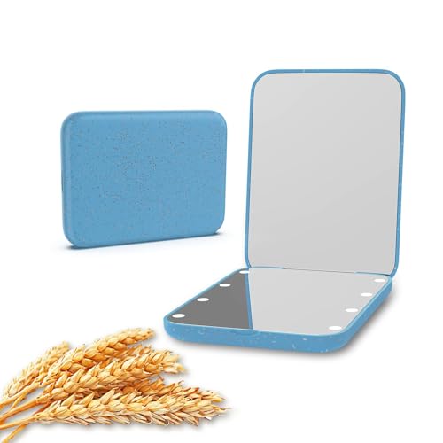 Kintion Wheat Straw Pocket Mirror, 1X/3X Magnification Travel Mirror for Purse, Folding Handheld Mirror, Small Lighted Compact Mirror for Gift, Blue - color: Wheat Straw Blue