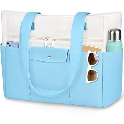 Beach Bags for Women Large Canvas Beach Tote with Zipper Wet Pocket, Waterproof Foldable Swim Pool Travel Tote Bags - color: Light Blue