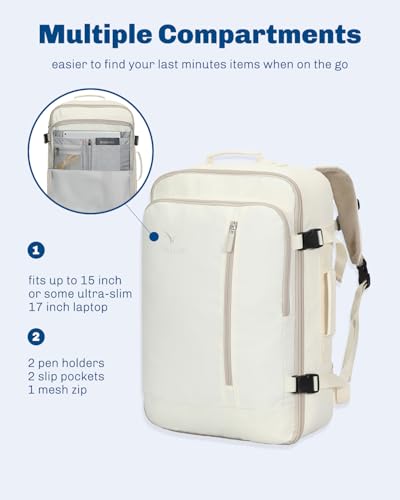 Hynes Eagle Carry on Backpack 38L Large Travel Backpack for Women Flight Approved Weekender Bag Laptop Backpack Men 15 inches Beige - color: Beige