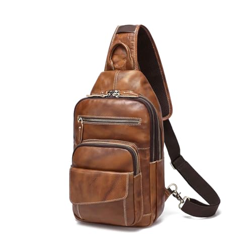 LANNSYNE Full Grain Leather Casual Sling Bag For Men Hiking/Travel/Business Crossbody Chest Bag Fits 12.9" iPad - color: Orangefor 12.9 Ipad