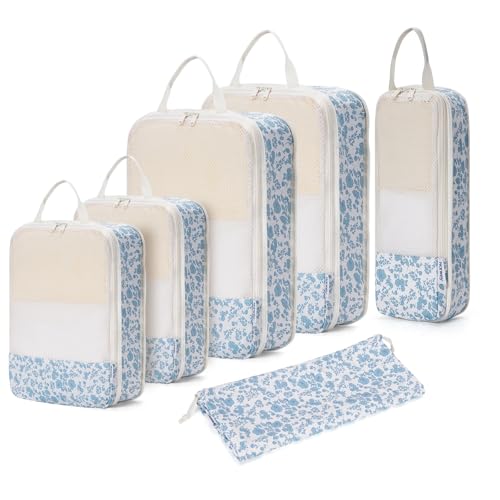 Narwey 6 Set Compression Packing Cubes for Travel Women Men, Travel Cubes for Carry On Suitcase, Durable Compression Luggage Organizer Bags - color: Y-Blue Flower