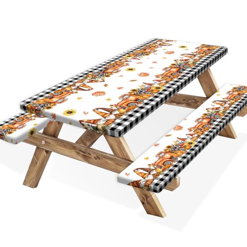 Fall Picnic Table Cover with Bench Covers, Camping Essentials, Buffalo Plaid Thanksgiving Pumpkin Waterproof Windproof, Fitted Tablecloth Cover with Elastic Edge, Indoor & Outdoor, 3 PCS, 30x96 Inch - color: Fall Plaid Black, size: 30" x 96"