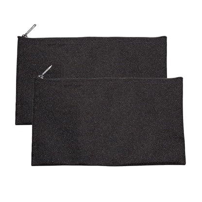 Multipack of 2 Compact Zipper Cloth Pouches, Zipper Bag, Travel Toiletry, Cosmetics, Stationary Case, 11 x 6 inches (Black) - color: Black