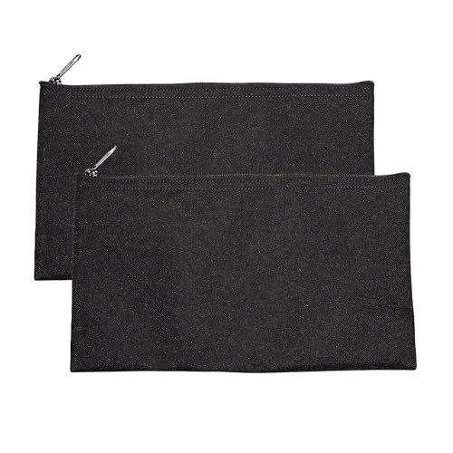 Multipack of 2 Compact Zipper Cloth Pouches, Zipper Bag, Travel Toiletry, Cosmetics, Stationary Case, 11 x 6 inches (Black) - color: Black
