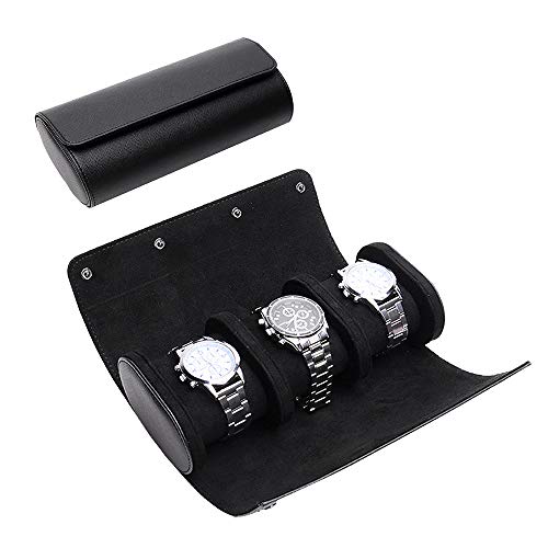 ROSELLE Watch Roll Travel Case for Men and Women- 3 Watch Storage and Organizer-Secure Storage with Innovative Removable Pillows & Solid Dividers for Home Storage, Travel and Display(Black Cross-3) - color: Black-3