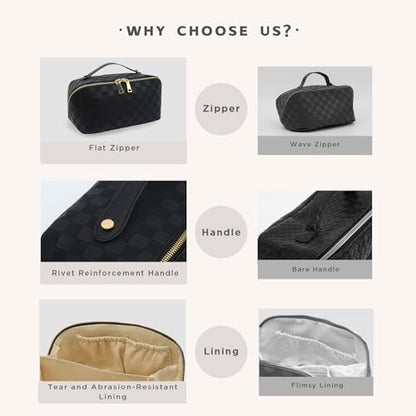 Travel Makeup Bag – Large Cosmetic Organizer with Waterproof PU Leather, Smooth Double Zipper & Tear-Resistant Lining, Toiletry Pouch for Women (Black) - color: 02-Black