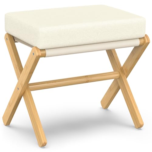 BAMBOOHOMIE Foldable Foot Stool Ottoman, Modern Foot Rest with Bamboo X Legs & Thick Foam Cushion, Folding Foot Stools Small Padded for Bedroom Living Room, Footstool for Chair Couch (Natural - Beige) - color: Natural - Beige