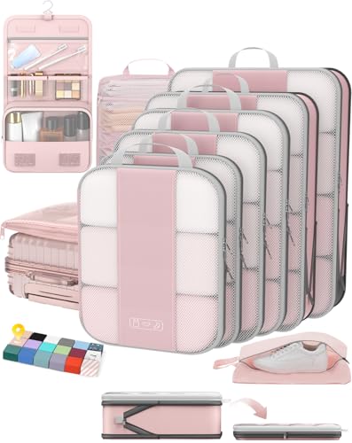 OlarHike 10-Pack Compression Packing Cubes for Travel Essentials,Compressible Expandable Packing Cubes for Suitcase,Luggage Garment Bags for Travel,Handy Helper for Organizing Clothes(Pink) - color: Pink