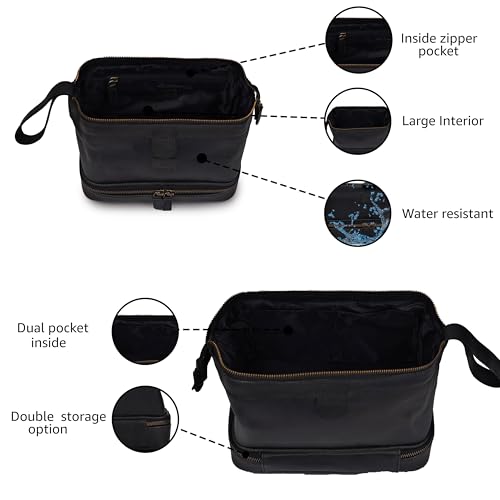 LEATHER VILLAGE Genuine Leather Dopp Kit – Large Travel Toiletry Bag with Waterproof Lining, Dual-Zip Design for Men & Women, Organizer for Shaving, Makeup & Essentials - Black - color: Black