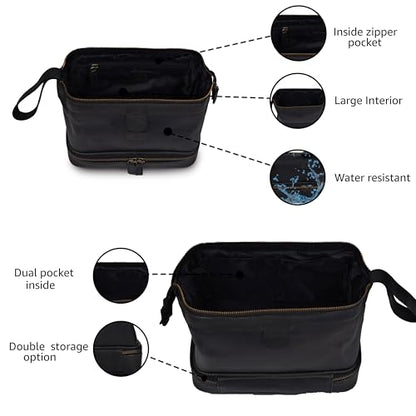 LEATHER VILLAGE Genuine Leather Dopp Kit – Large Travel Toiletry Bag with Waterproof Lining, Dual-Zip Design for Men & Women, Organizer for Shaving, Makeup & Essentials - Black - color: Black