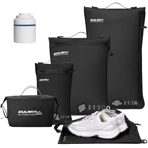Eulant 5 Set Vacuum Packing Bags for Travel With Pump,Professional IPX8 Zip Packing Organizer for Suitcases Backpack,Space Saver Bags Packing Organizers for Clothing Packing(5 Set,Black) - color: Black, size: 5 Set With Pump