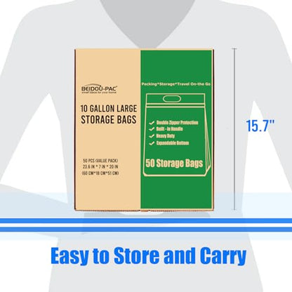BEIDOU-PAC 10 Gallon Large Storage Bags with Handle, 50 Counts | Double Zipper Seal | Expandable Bottom, Resealable Clear zip Bags for Home, Travel, Moving Commercial and Outdoor - style: Zip-10 gallon-50