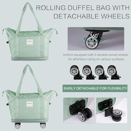 Expandable Rolling Duffle Bag - Large Carry-On With Spinner Wheels, Foldable Weekend Travel Bag, 28-58L Capacity（Backpack-Green Checkboard） - color: Backpack-Green Checkboard, style: Backpack