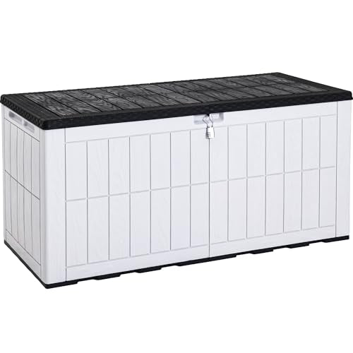 YITAHOME 134 Gallon Large Deck Box, Waterproof Resin Outdoor Storage Box with Lock and 2-Person Bench Seating for Patio Furniture Cushions,Garden Tools & Pool Accessories, Black & Grayish-White - color: Black & Grayish-White, size: 134 Gallon