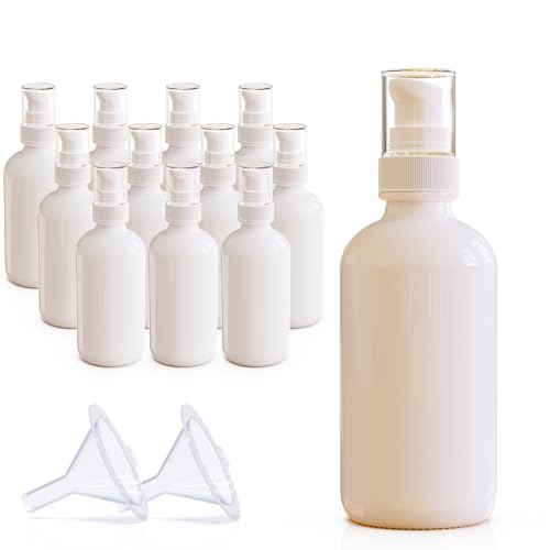 12Pack 4oz White Glass Pump Bottle with Pump Dispenser,120ml Small Dispenser, Travel Size Refillable Botttles for Lotions,Sercums,Essential Oils - color: 4oz White(12pcs)