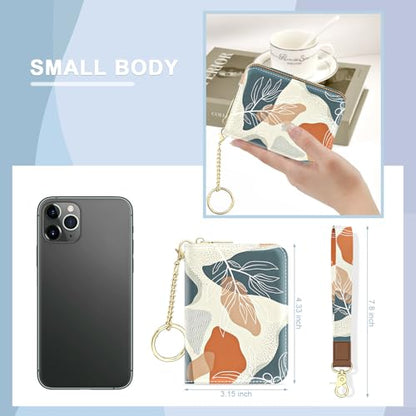 Aiawoxc Credit Card Holder, Small RFID Wallet Slim Leather Card Organizer Case with Zipper and Wristlet Strap, Abstract Boho Leaf - color: B-Desert Leaf, size: Wrist Strap