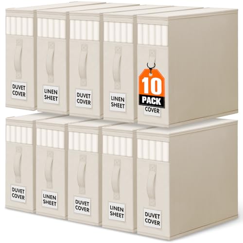WOWBOX Sheet Organizers and Storage,Closet Bed Sheet Organizer Under Bed Storage and Organization with Label Cards & Clear Window for Bedding Sheets,Duvet Covers,Blankets (10 Pack，Beige) - color: Beige, size: 10 Pack