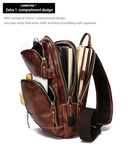 LANNSYNE Full Grain Leather Sling Bag For Men Crossbody Chest Daypack fits 10.5" iPad - color: Coffee2 for 10.5" Ipad