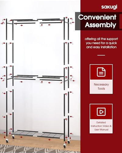 Sakugi Clothes Rack - 33.0" x 12.2" x 79.5" Clothing Rack with Shelves & Wheels, Multi-Functional Wardrobe Closet with Hooks, Sturdy Metal Garment Rack for Bedroom, Laundry, Balcony (Black) - color: Black, size: Large