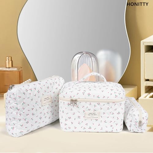 Makeup Bag,Quilted Cosmetic Bag,Large Floral Make Up Bag for Women,Cotton Makeup Bag Set,Flower Travel Toiletry Bag - color: Cherry