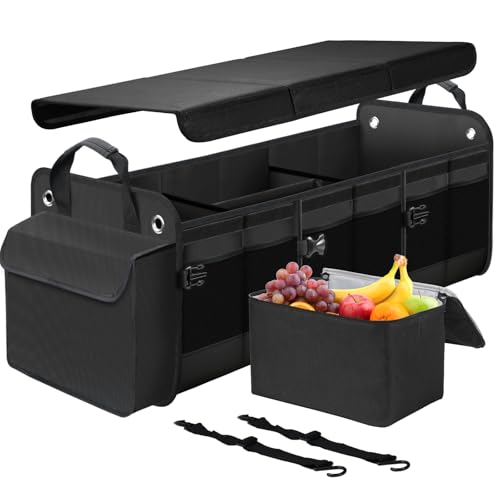 Large Trunk Organizer for Car, SUV, Truck with Removable Cooler Bag-Collapsible Multi Compartments w/Foldable Cover, Non Slip Bottom Cargo Storage (Black) - size: Five Compartment