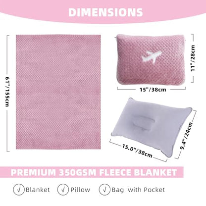 3 in 1 Travel Blanket Pillow Set - 350 GSM Thick Travel Blanket Airplane Compact with Bag, Soft Bag with a Pocket, Inflatable Travel Pillow for Camping & Car Trip (Blush Pink) - color: Blush Pink