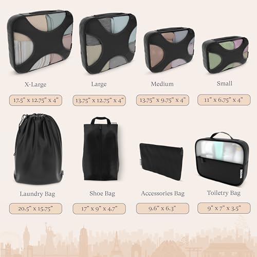 Shacke 8 Set Packing Cubes for Travel – Complete Luggage Organizer Set with Laundry, Shoe, Toiletry & Accessories Bag, Suitcase Travel Organizer (Black) - color: 8 Set - Black, size: Set of 8