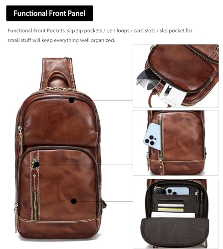 LANNSYNE Full Grain Leather Sling Bag For Men Crossbody Chest Daypack fits 10.5" iPad - color: Coffee2 for 10.5" Ipad