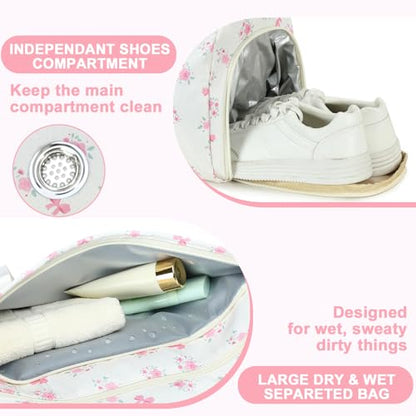 Gym Bag Sports Duffle Bag with Wet Pocket Weekender Overnight Bags with Waterproof Shoe Pouch and Air Hole for Girls Kids Women Workout Travel Bags (Bow Flower-Beige) - color: Bow Flower-Beige