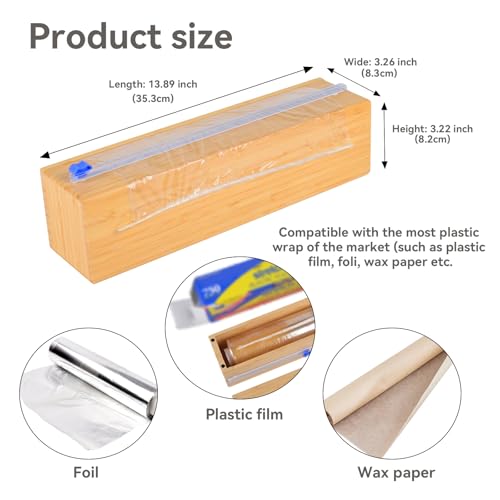 Uncle Jack Plastic Wrap Dispenser with Slide Cutter, Fit 13'' Rolls, Bamboo Aluminum Foil Dispenser with Cutter for Wax Paper, Saran Wrap