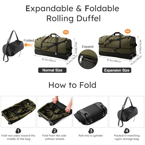 32" Soft-Sided Foldable Wheeled Duffle Bag, 110L Expandable 140L Rolling Travel Bag with Matching Storage Pouch, Updated Army Green - color: Army Green