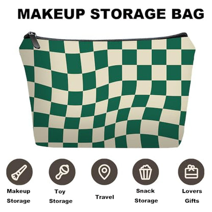 Green Checkered Gifts for Women – Unique Green Plaid Travel Makeup Bag Set with Mirror, Cosmetic Pouch Set for Checkered Lovers & Mom - color: Checkered Green-2S